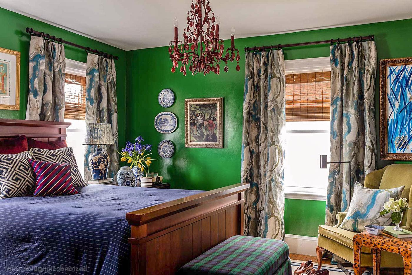 Colorful, layered master bedroom design by Eric Haydel Design