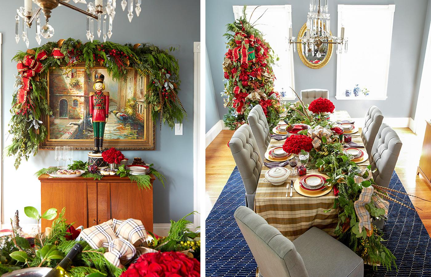 Holiday table setting and buffet decorated with greenery