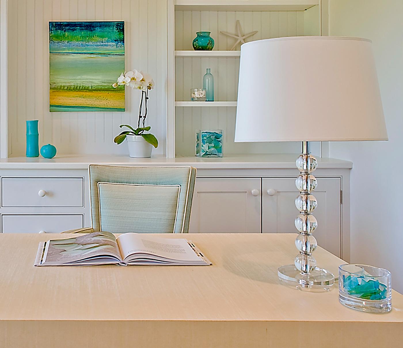 Crisp home office with pops of turquoise by Carter & Company 